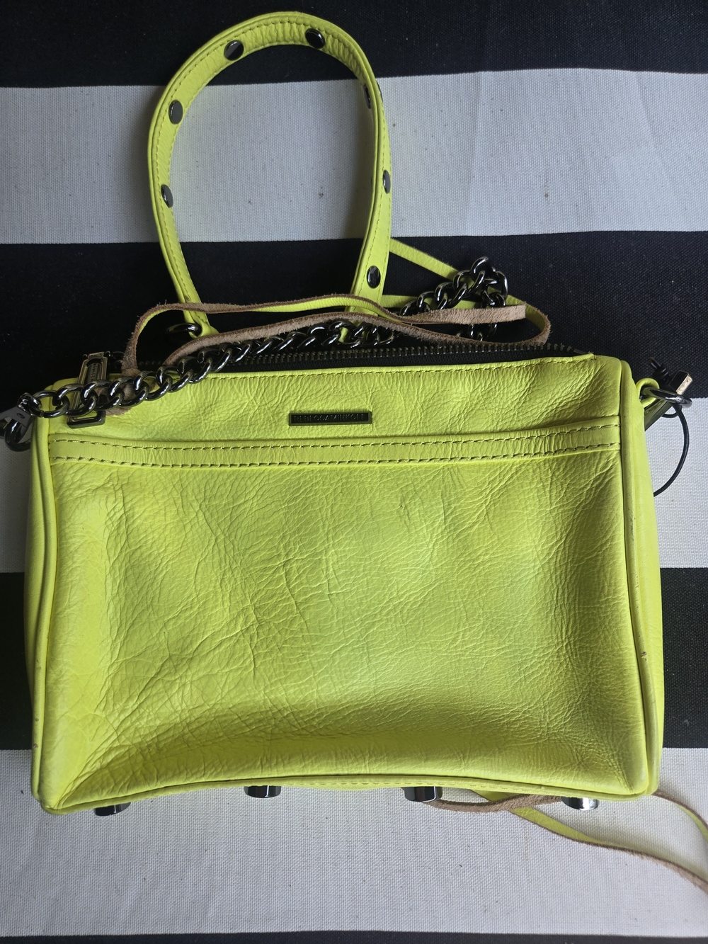 Rebecca Minkoff Neon Lime Leather Crossbody Bag with Chain Strap